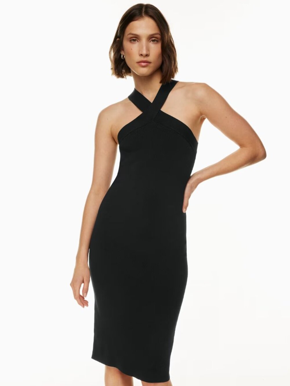 Babaton Black Sculpt Knit Criss Cross Ribbed Stretch Bodycon Mini Dress